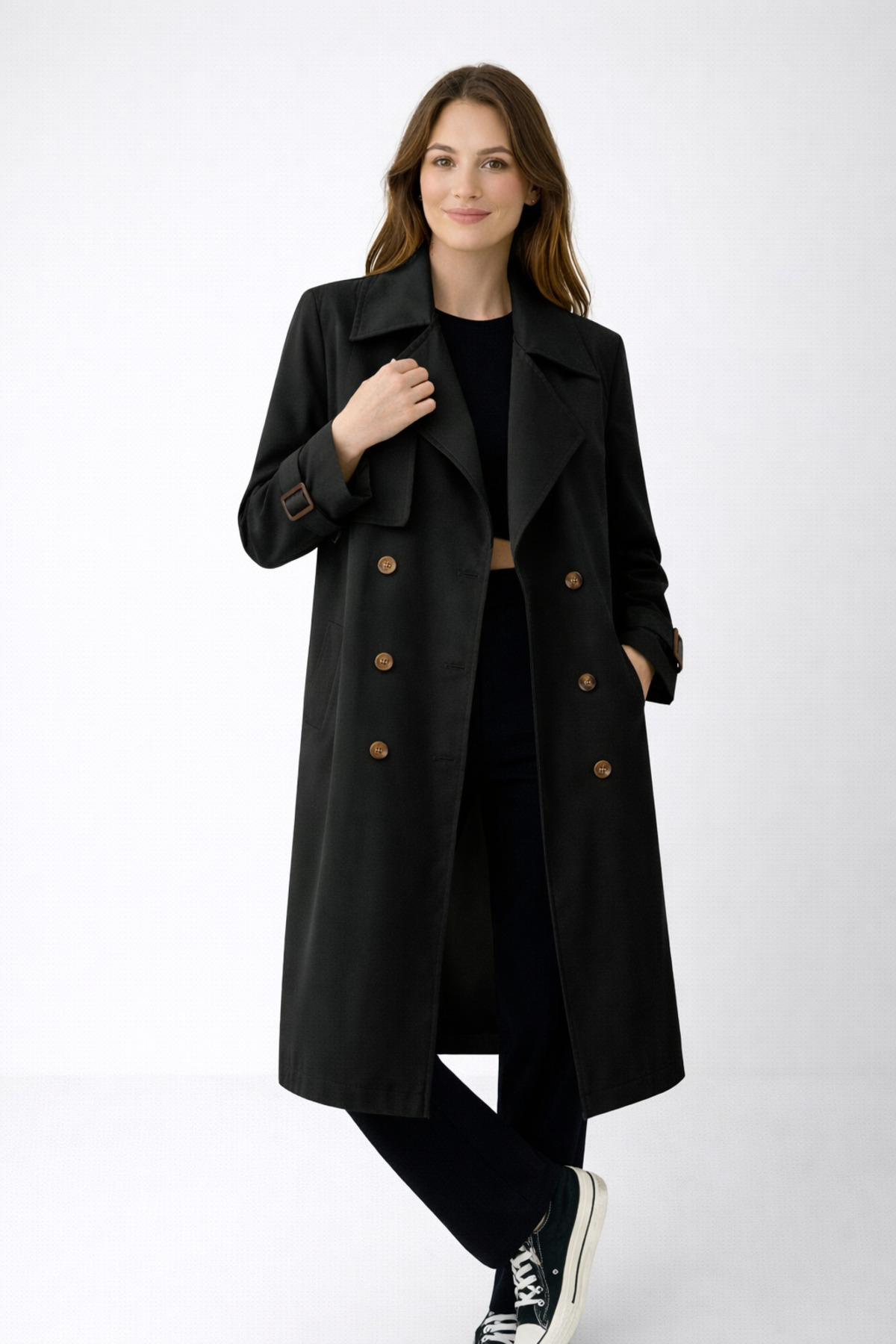 PENGORA  Kadın Siyah Uzun Trençkot Kuşaklı Düğmeli Kol Kemerli Su ve Rüzgar Geçirmez Şık Dış Giyim - Görsel 4