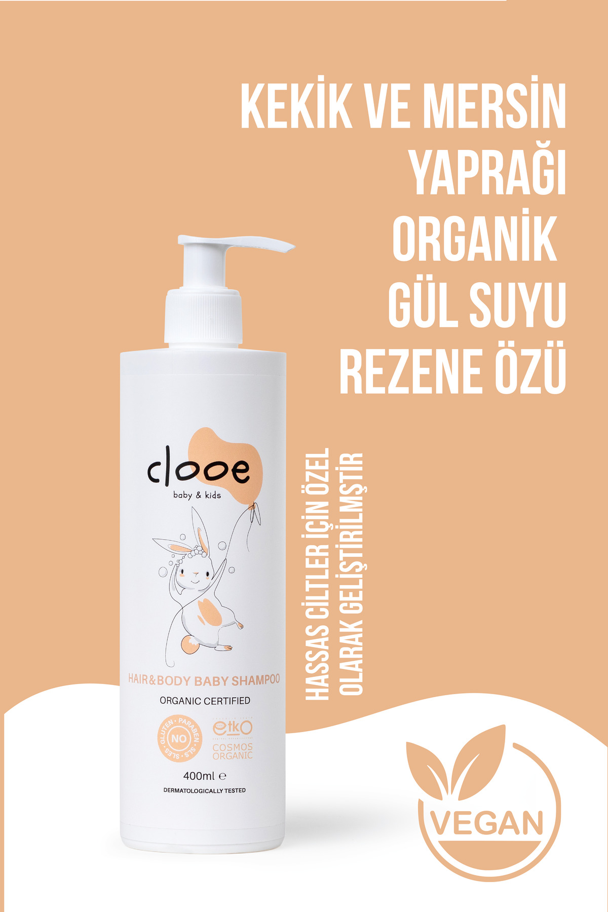 clooe Organik Bebek & Çocuk Saç Vücut Şampuanı (400ml) Gül Suyu ve Kekik Özlü Vegan Formül fotoğrafı 3 (önizleme)