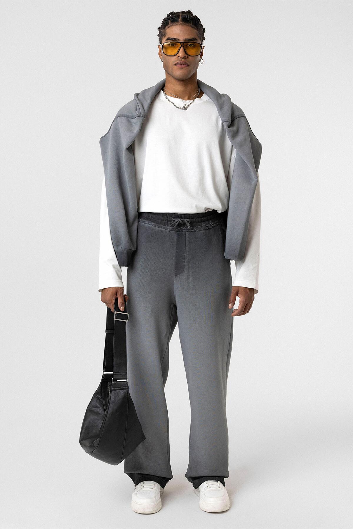 VAMOSCLO  Yıkamalı Renk Geçişli Oversize Eşofman Altı Siyah - Görsel 7