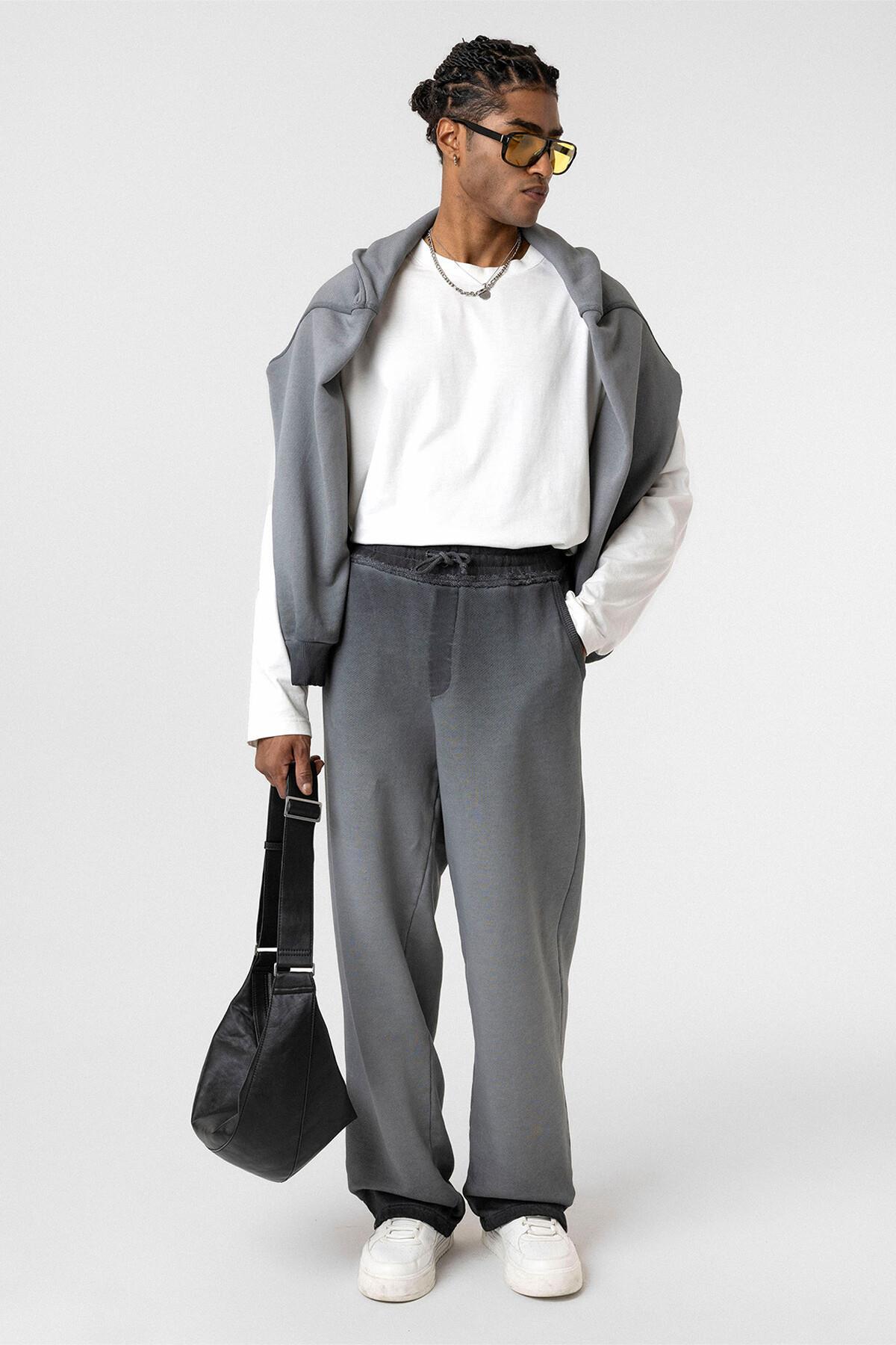 VAMOSCLO  Yıkamalı Renk Geçişli Oversize Eşofman Altı Siyah - Görsel 5