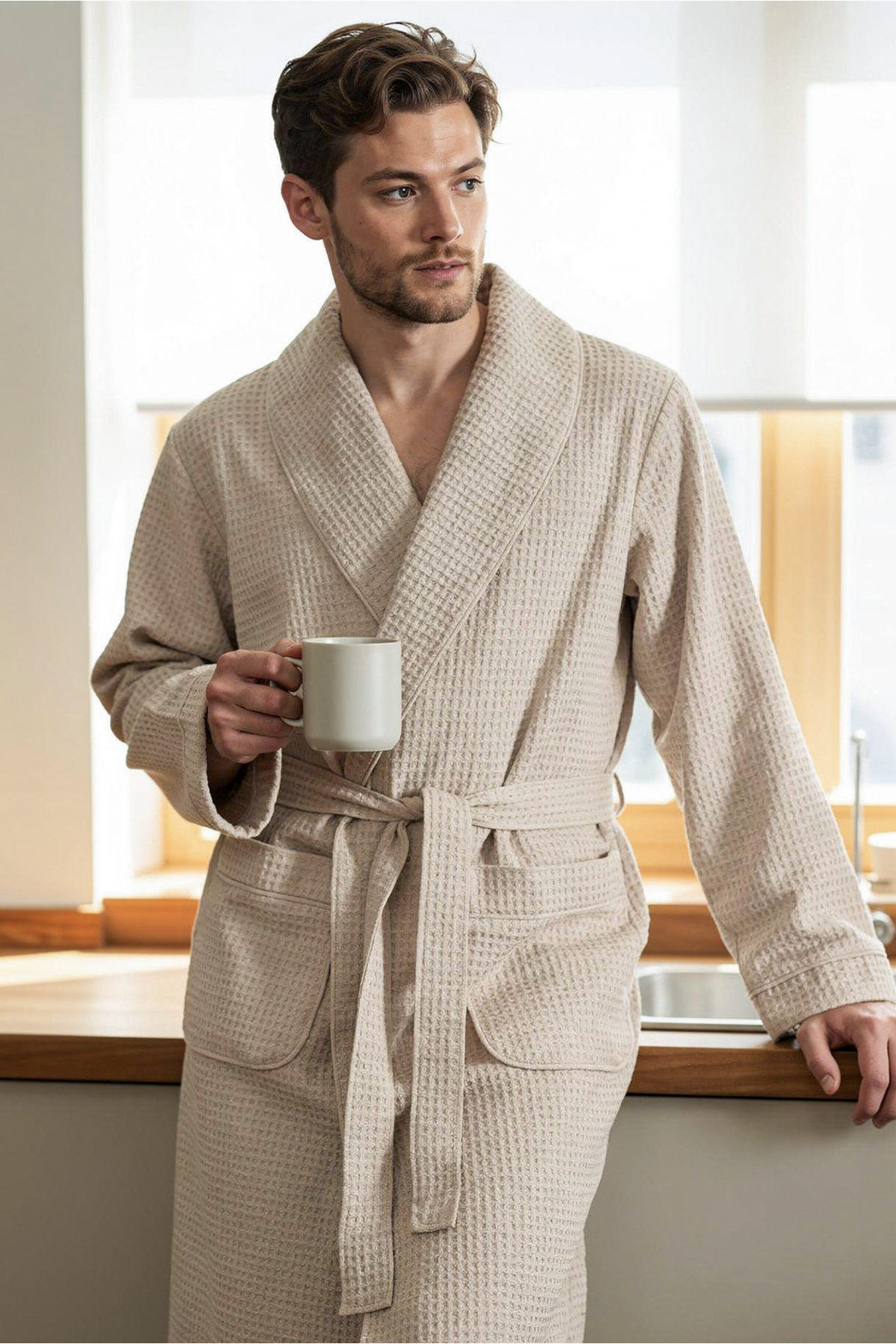 Afra Elite Series Men's Pique Bathrobe Beige, Oeko Tex Certified 100% Aegean Cotton, Woven 250 GSM