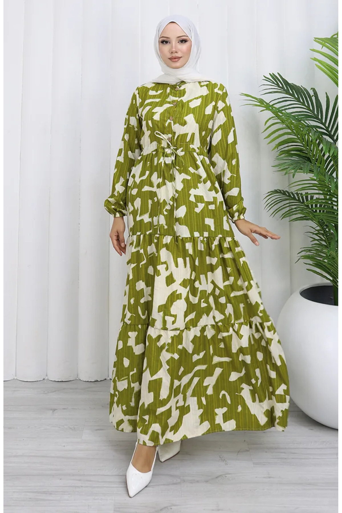 sefamerve Mandarin Collar, Belted Waist, Patterned Dress 0191-04 Khaki