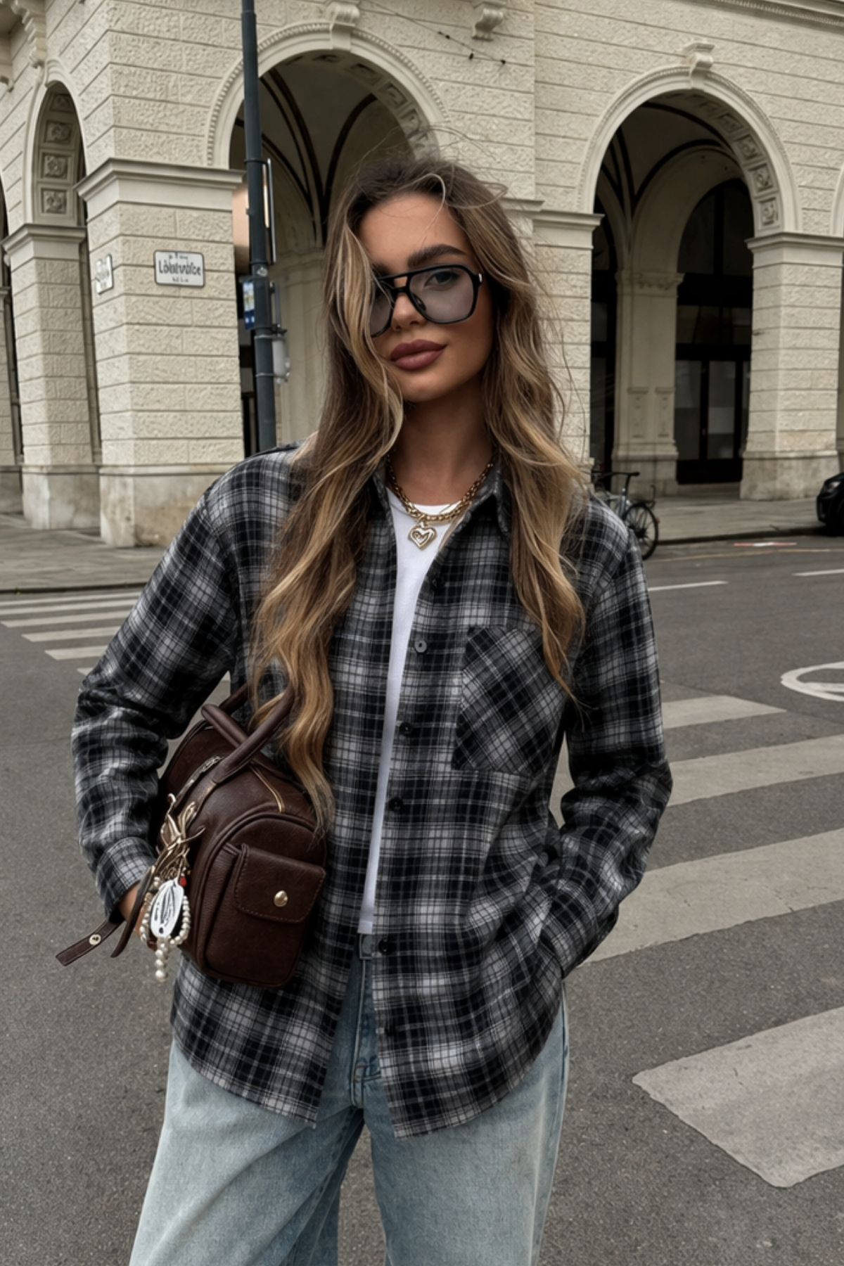 Hola Lady  Siyah Ekose Over Fit Gömlek HL7229 - Görsel 2