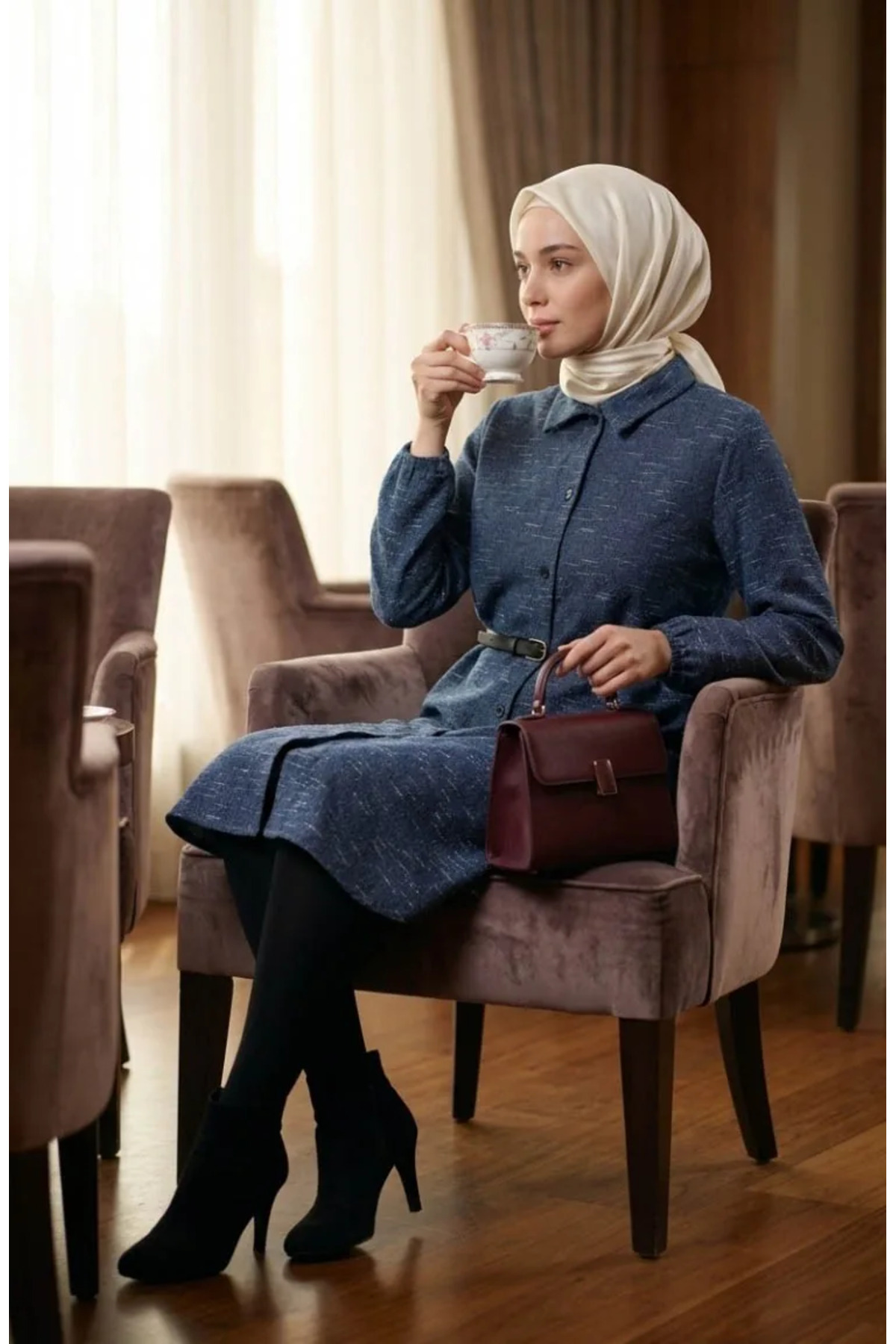 sefamerve Gömlek Yaka Boydan Düğmeli Kışlık Tunik 2501A-02 İndigo görsel 3