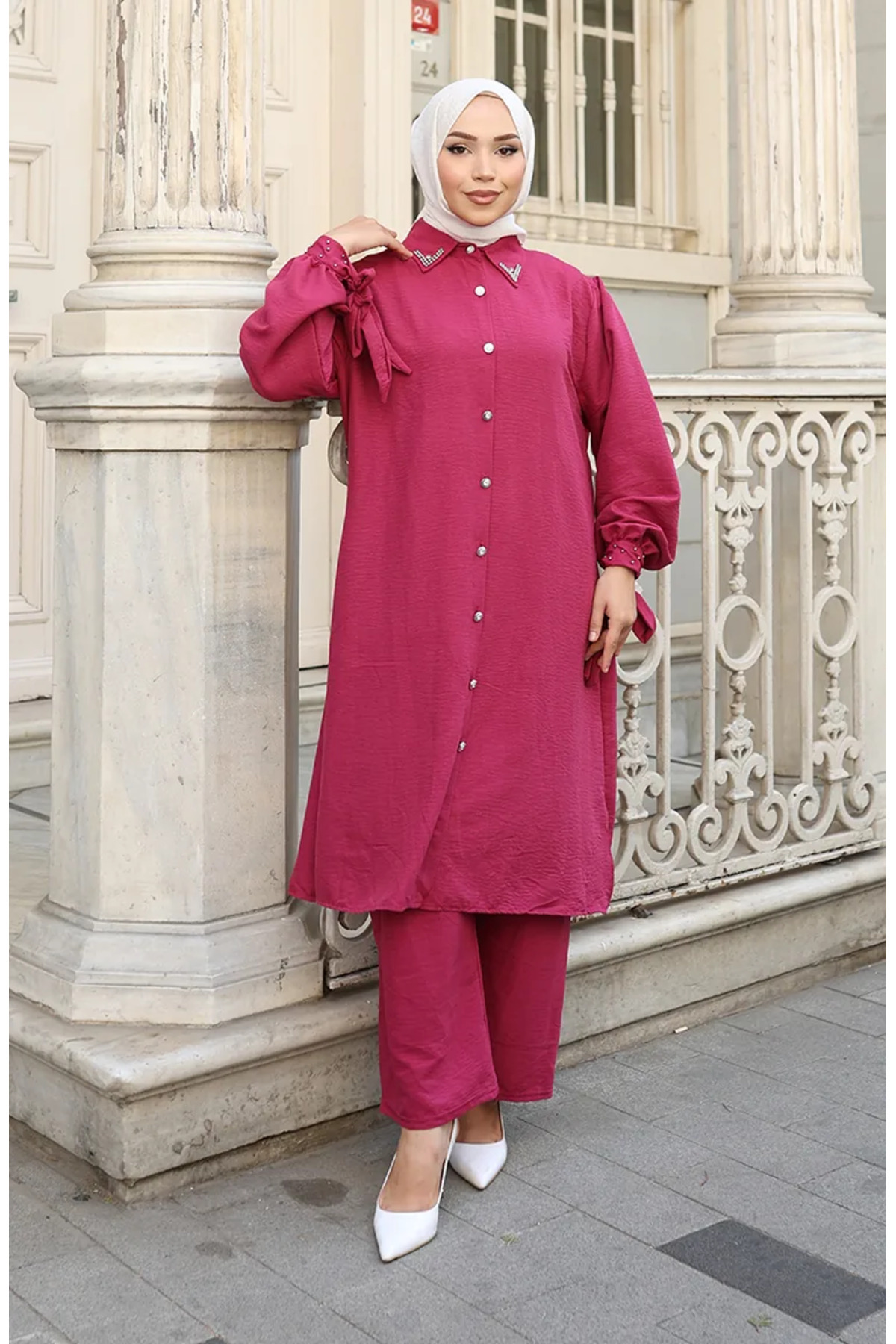 sefamerve Aerobin Fabric Buttoned Tunic Trousers Double Suit 2147-02 Fuchsia