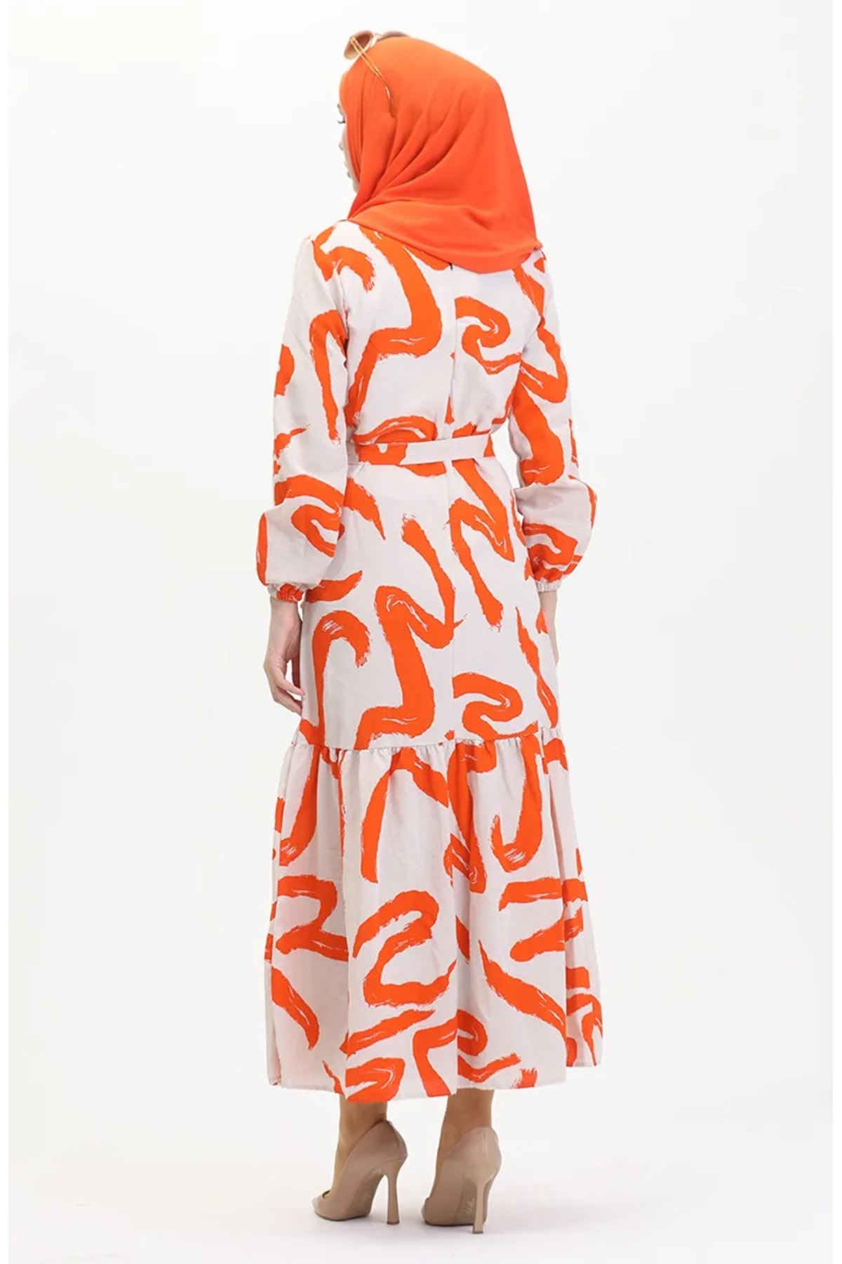 sefamerve  Desenli Kuşaklı Keten Elbise 0471A-07 Bej Turuncu - Görsel 5
