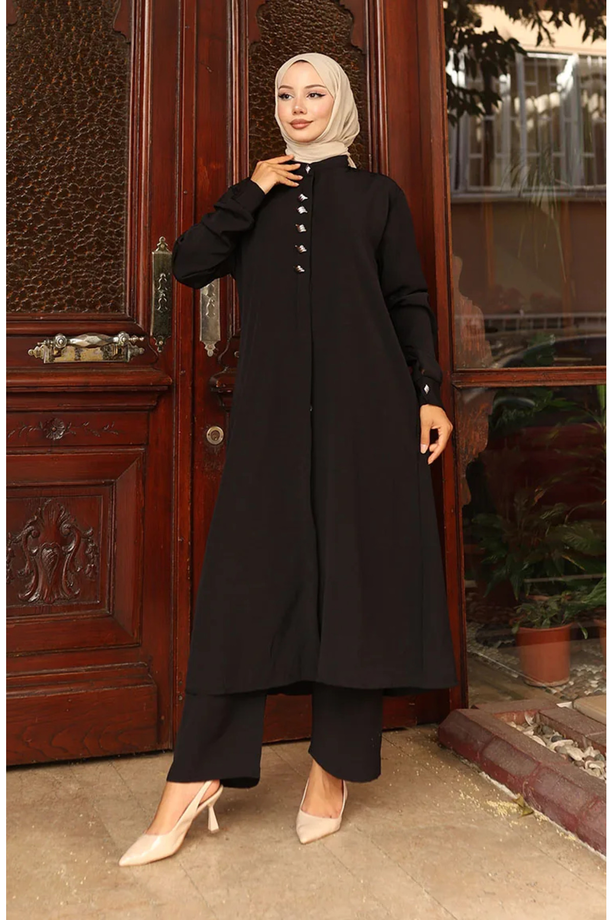 sefamerve Aerobin Fabric Tunic Trousers Double Set 2103-05 Black