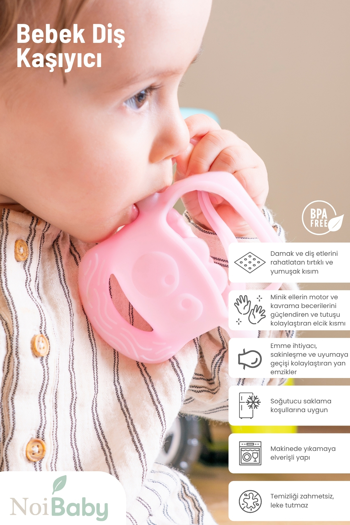 NoiBaby Pembe Bebek Silikon Diş Kaşıyıcı fotoğrafı 4 (önizleme)