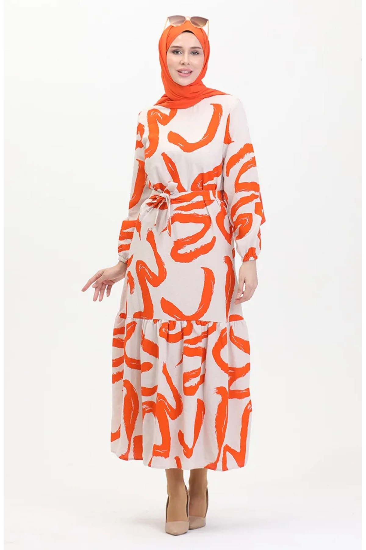 sefamerve  Desenli Kuşaklı Keten Elbise 0471A-07 Bej Turuncu - Görsel 2
