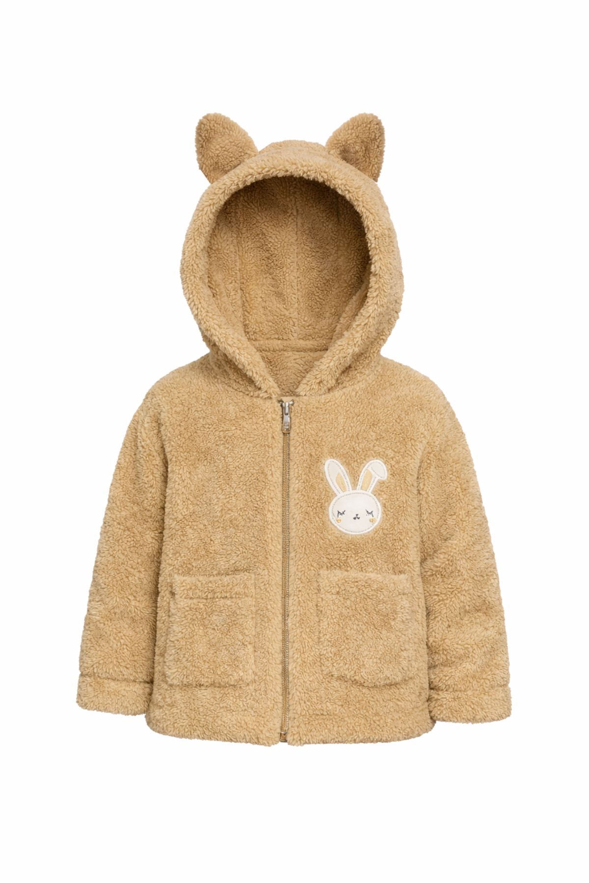 Bubito Tavşan Nakışlı Fermuarlı Cepli Kız Bebek Peluş Welsoft Kışlık Hırka-Kahverengi fotoğrafı 2 (önizleme)