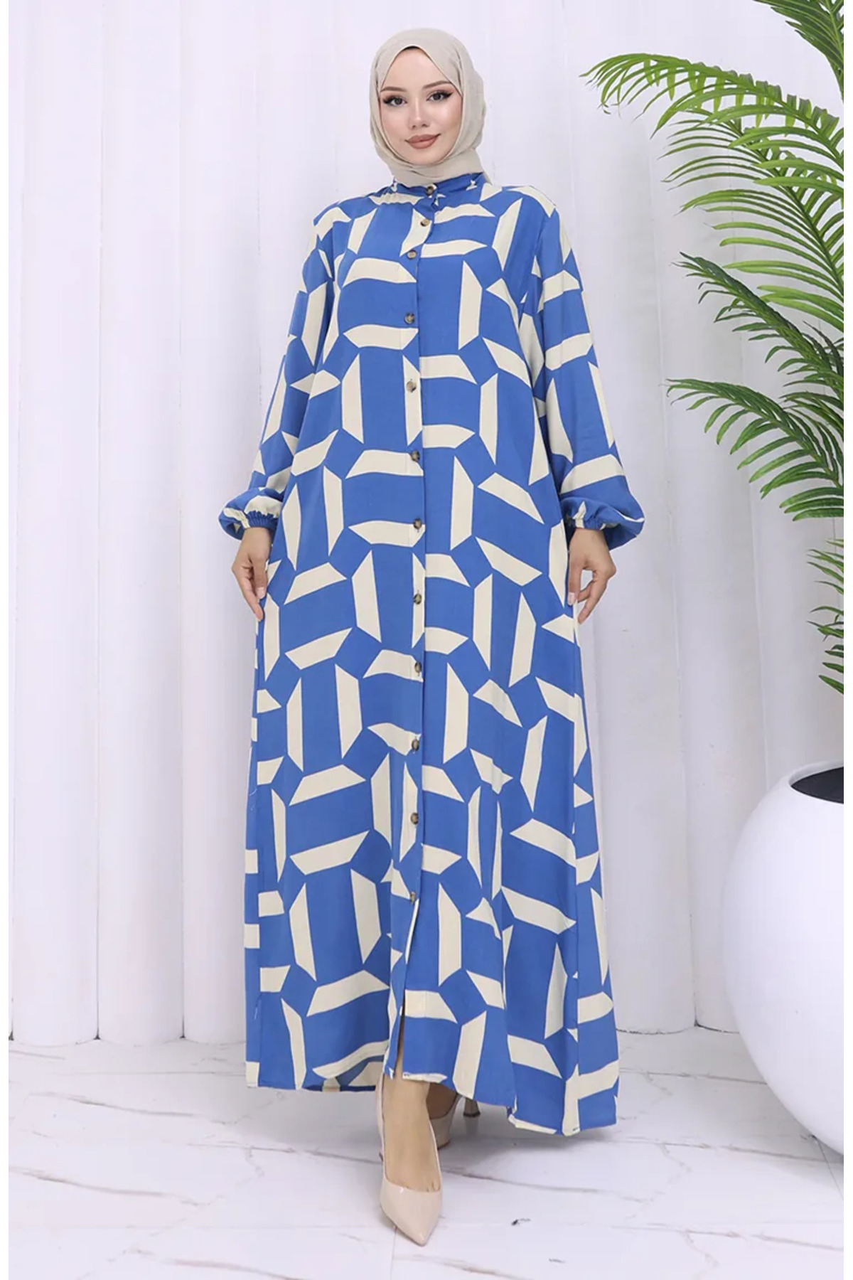 sefamerve Viscose Fabric Button-Down Patterned Dress 2030-04 Indigo Beige