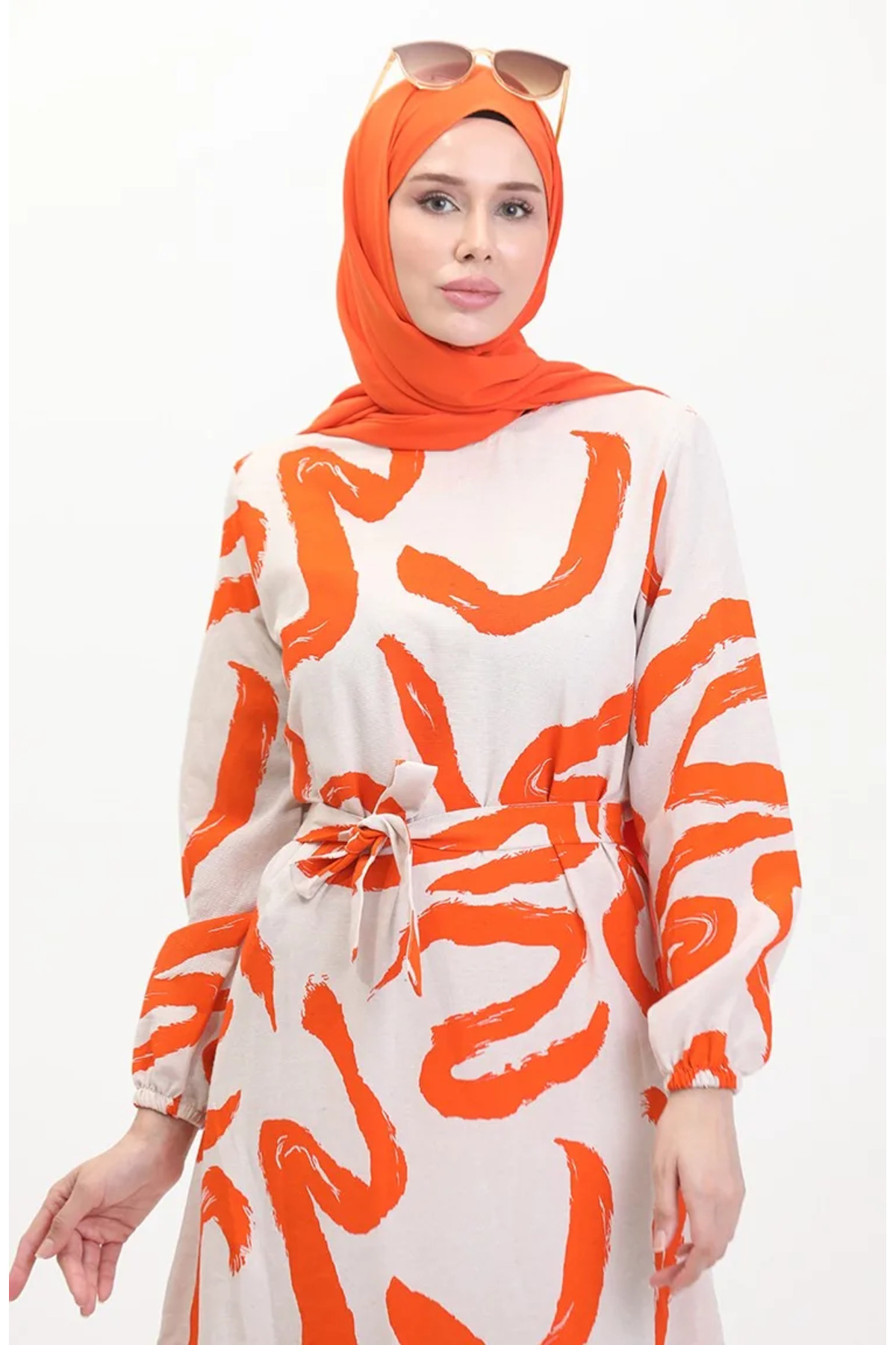 sefamerve  Desenli Kuşaklı Keten Elbise 0471A-07 Bej Turuncu - Görsel 3