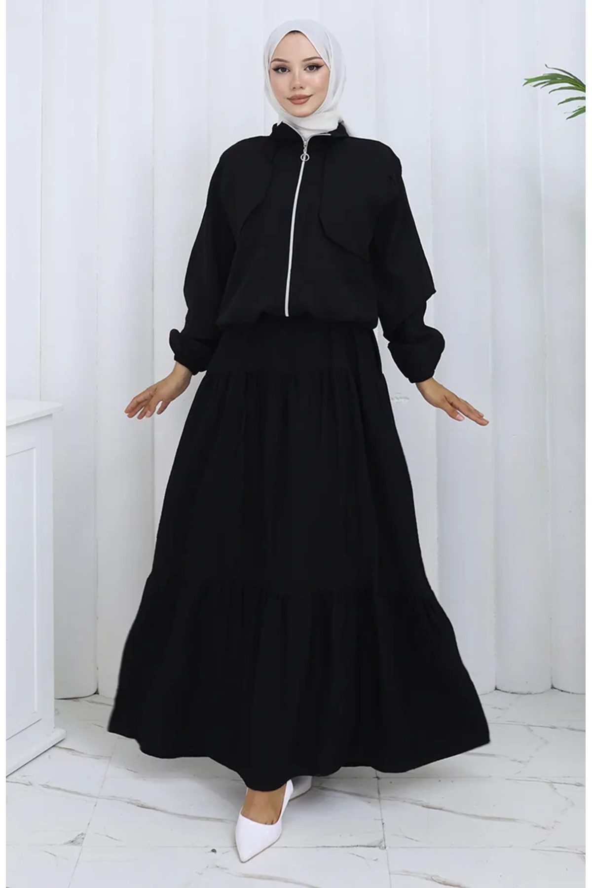 sefamerve Elastic-Sleeved Zippered Two-Piece Set 0129-15 Black