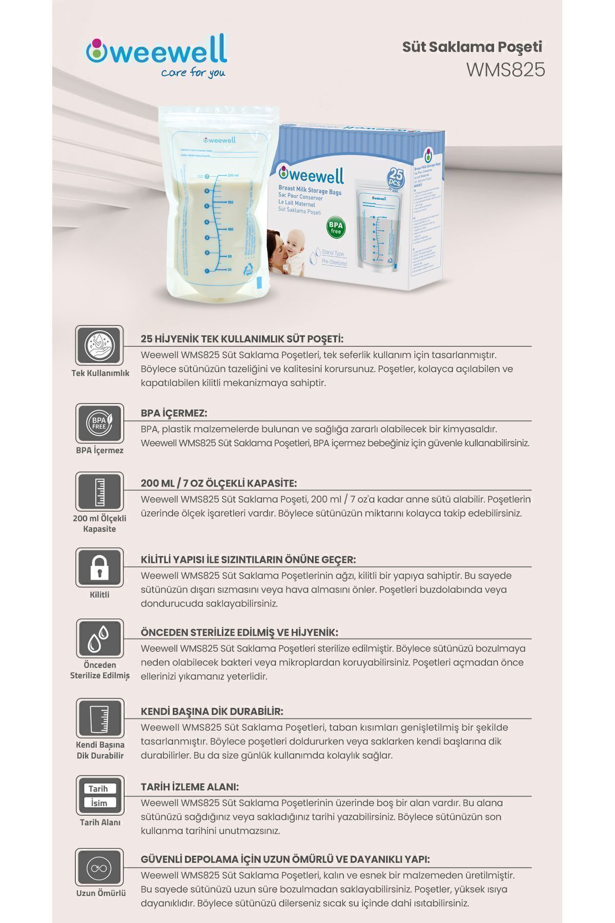 Gönül İşlerim Weewell Anne Sütü Saklama Poşeti 25'li x 2 Paket- 200 ml 50 Adet fotoğrafı 3 (önizleme)
