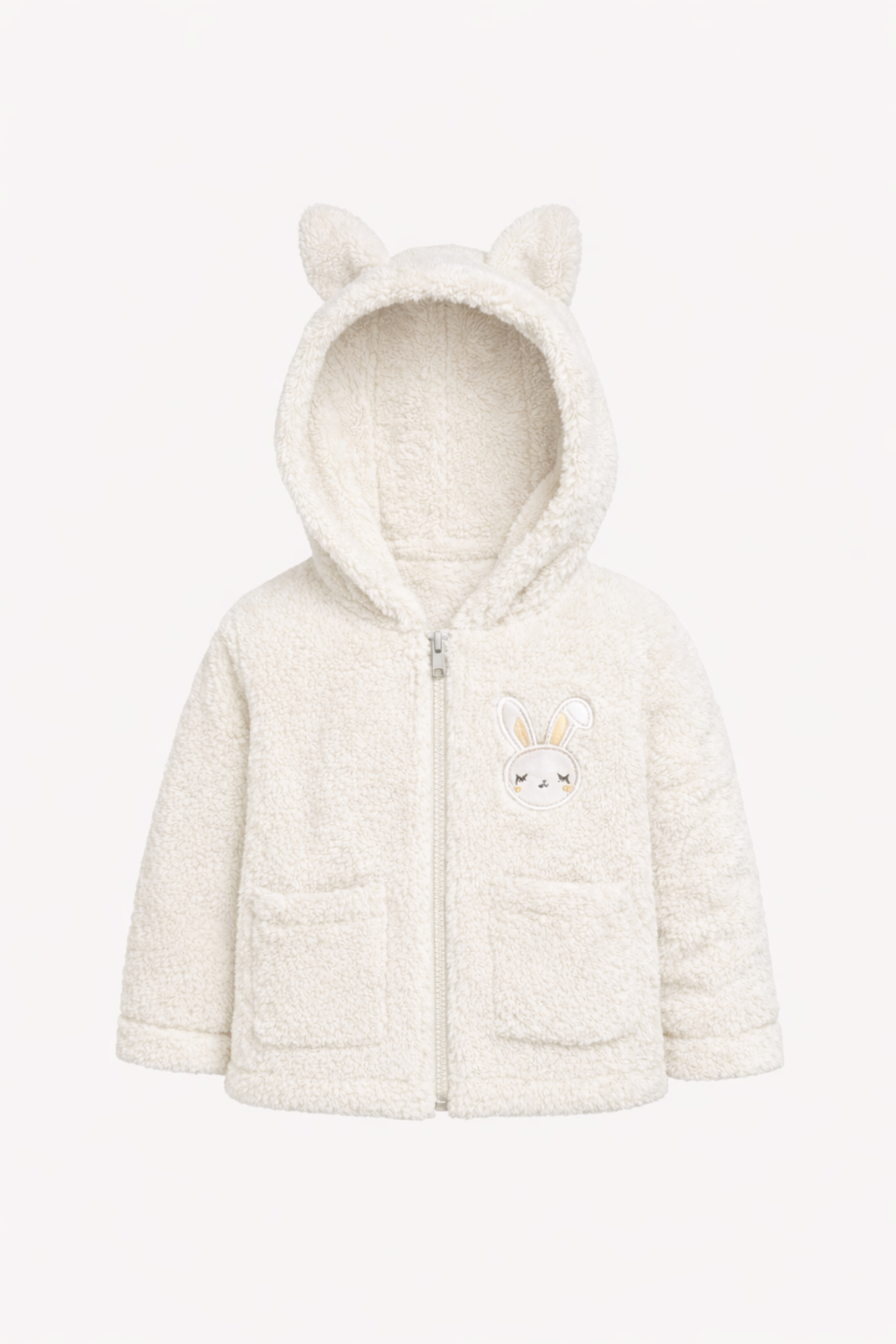 Bubito Tavşan Nakışlı Fermuarlı Cepli Kız Bebek Peluş Welsoft Kışlık Hırka-Beyaz fotoğrafı 2 (önizleme)
