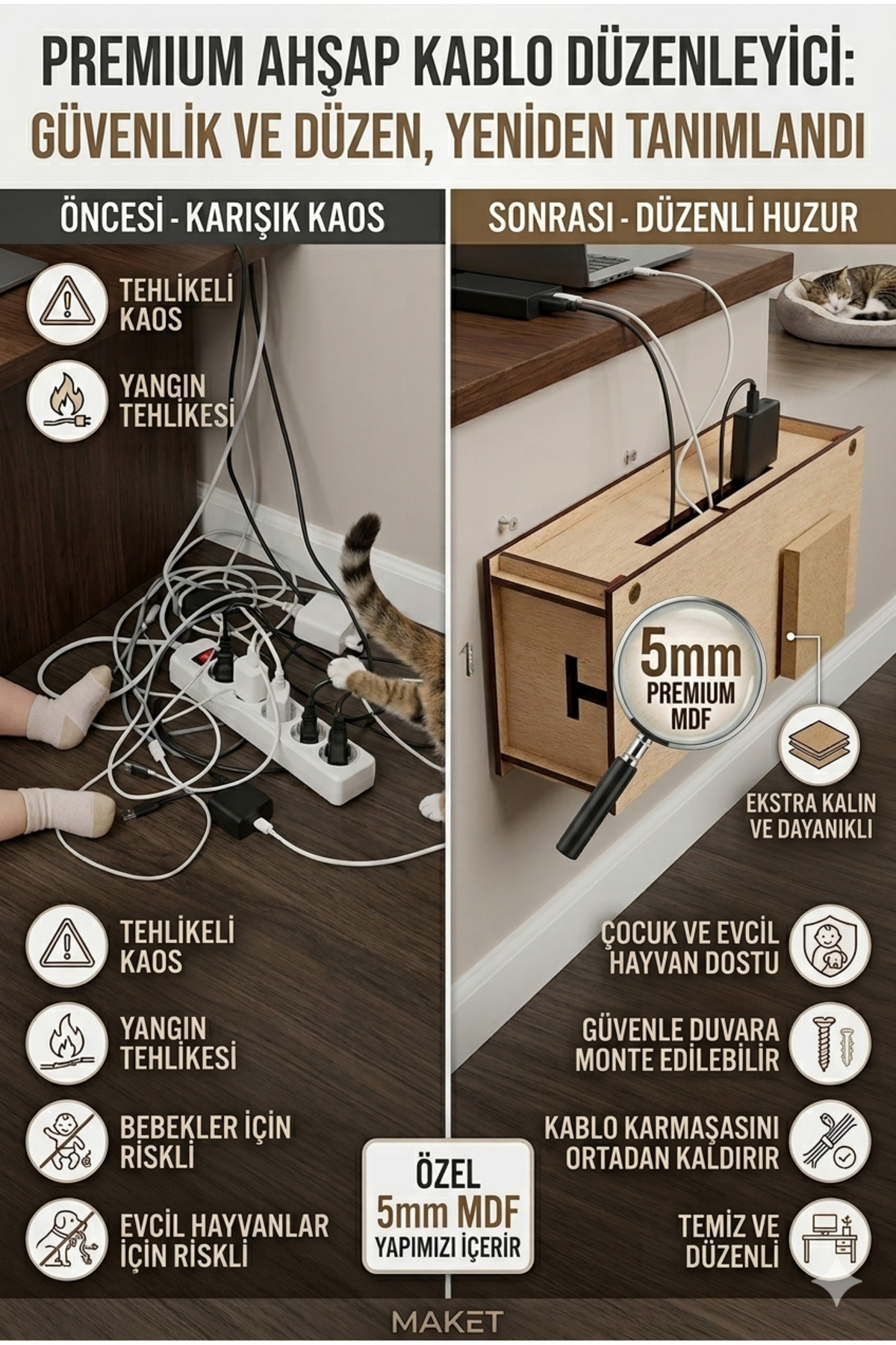 UNDER TABLE, WALL, CABLE BOX, CABLE ORGANIZER, CABLE HIDING ORGANIZER - 5 MM WOOD