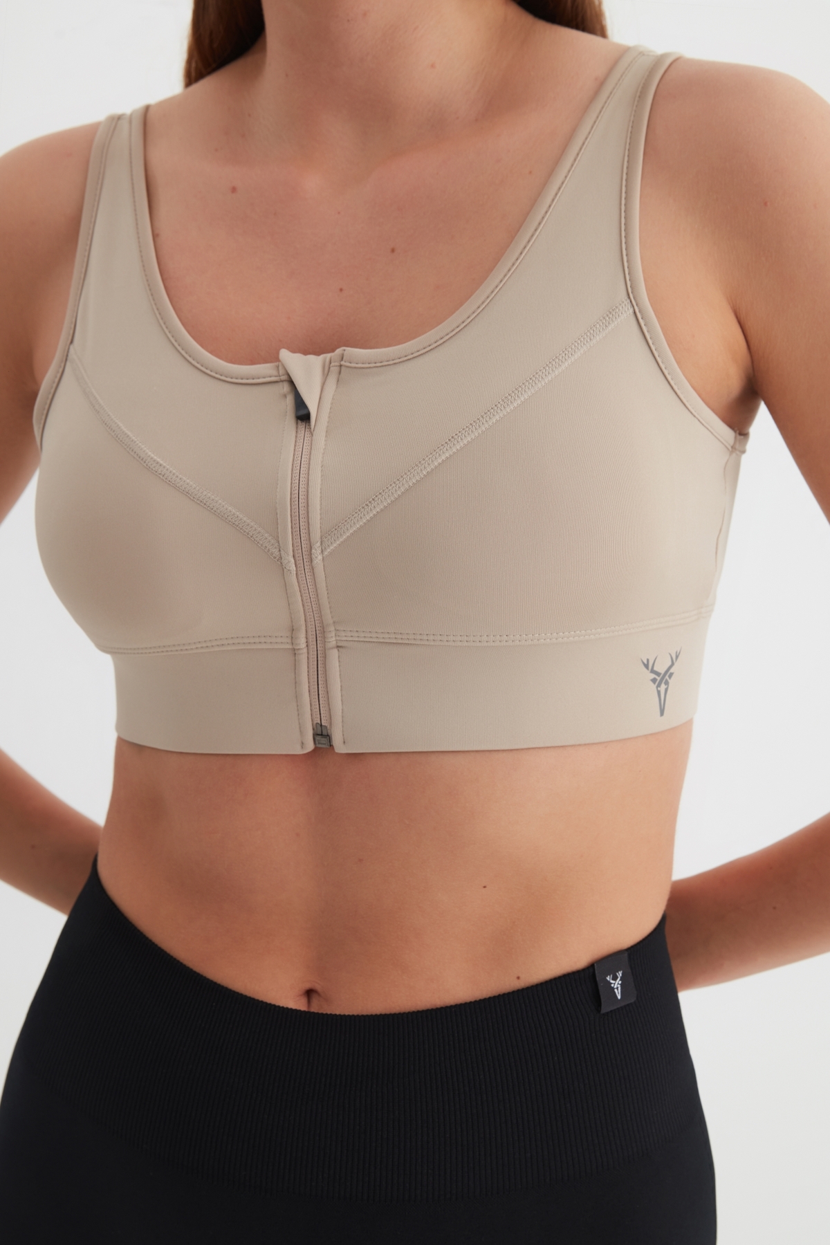 cervus Spor Büstiyer Fermuar Detaylı Crop Top Bej görsel 3