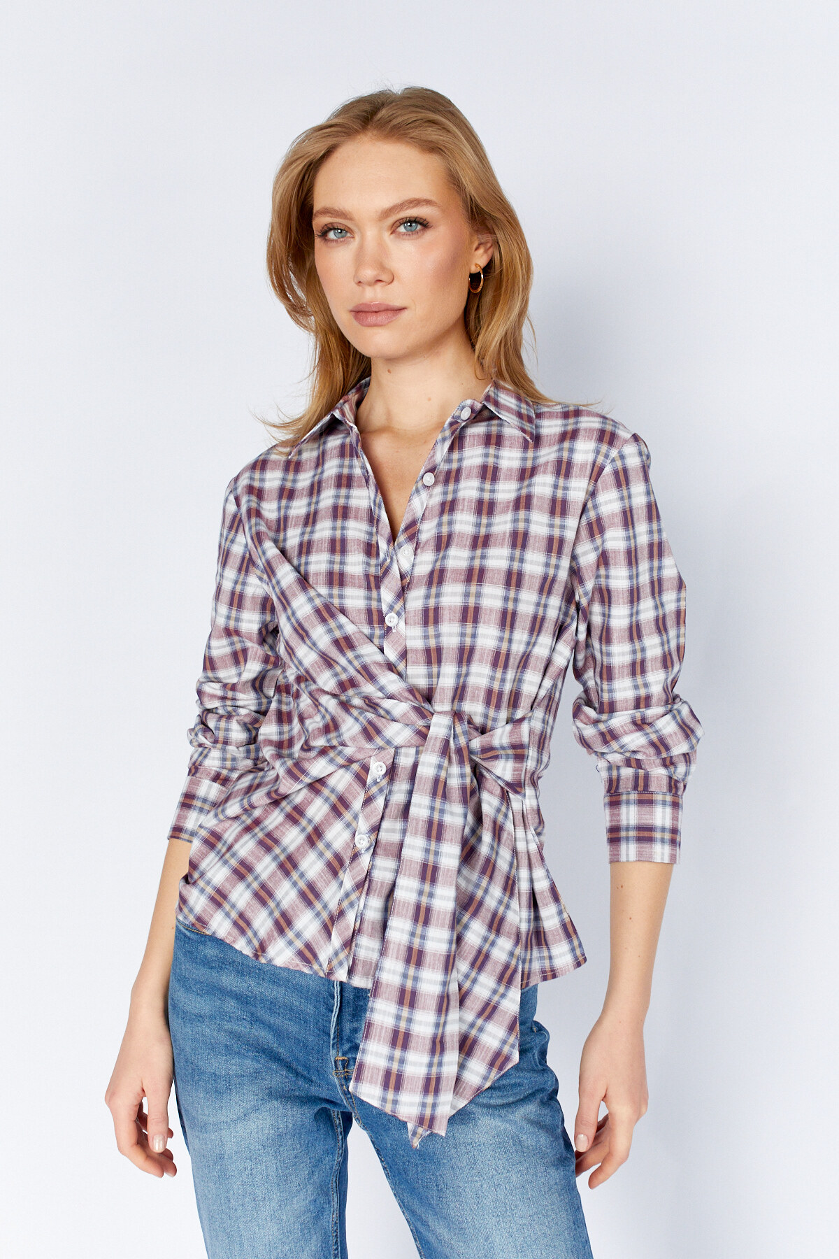 Bordo Bağlama Detaylı Ekose Gömlek | MKS1610822-1