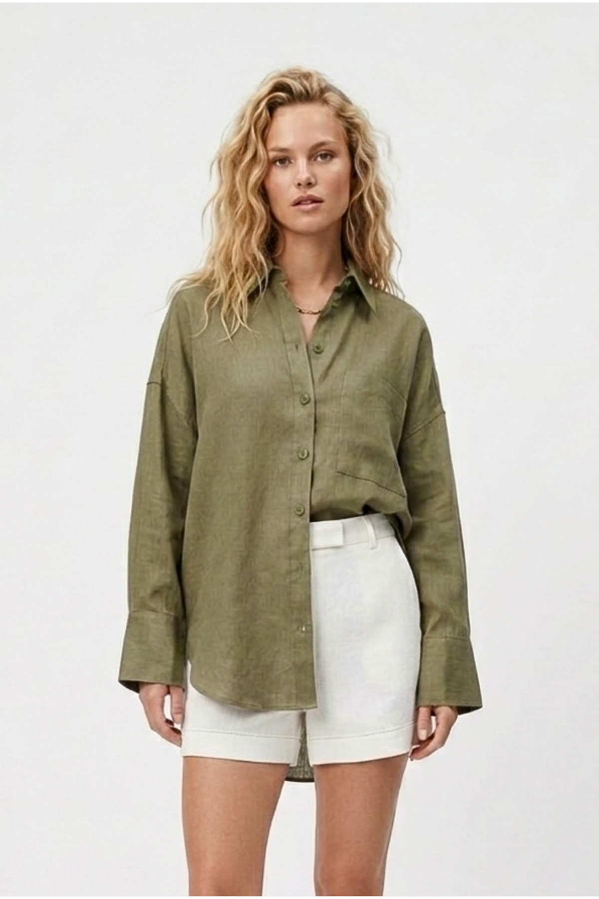 Shiron Sportswear&Company  Kadın Haki Oversize Keten Gömlek %100 Pamuk - Görsel 3