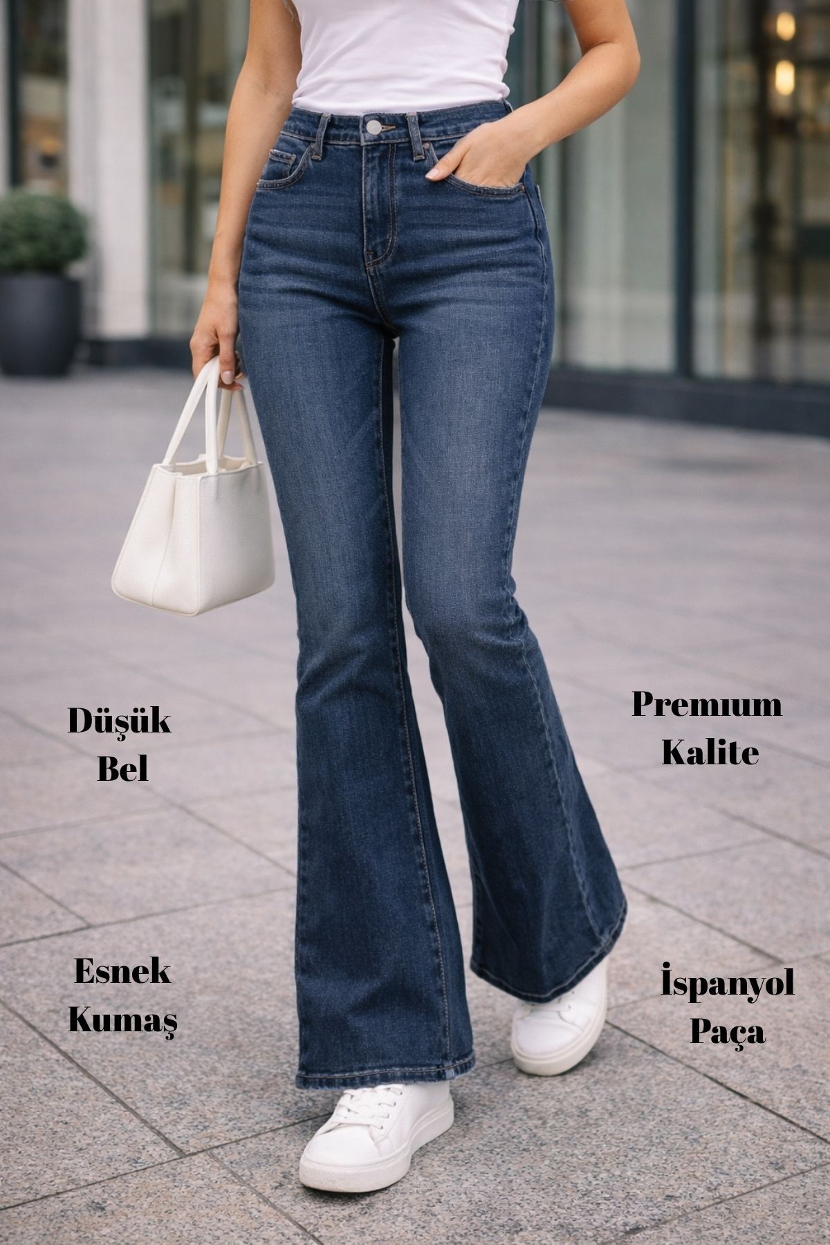 CEDY DENIM  Yüksek Kalite Kadın 5 Cep Düşük Bel İspanyol Paça SkinnyFit Esnek Jean Pantolon C619-Mavi