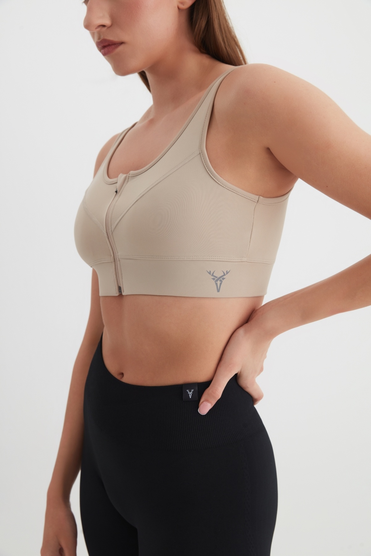 cervus Spor Büstiyer Fermuar Detaylı Crop Top Bej görsel 5