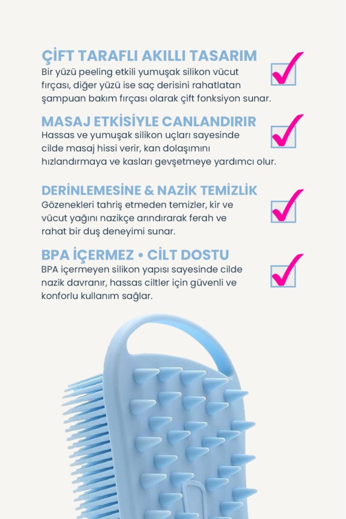 Çift Taraflı Silikon Vücut Ve Saç Bakım Fırçası, Saç Ve Vücut Derisine Masaj Yapan Şampuan Tarağı — TYC00572118853 — تصویر 3 از 5