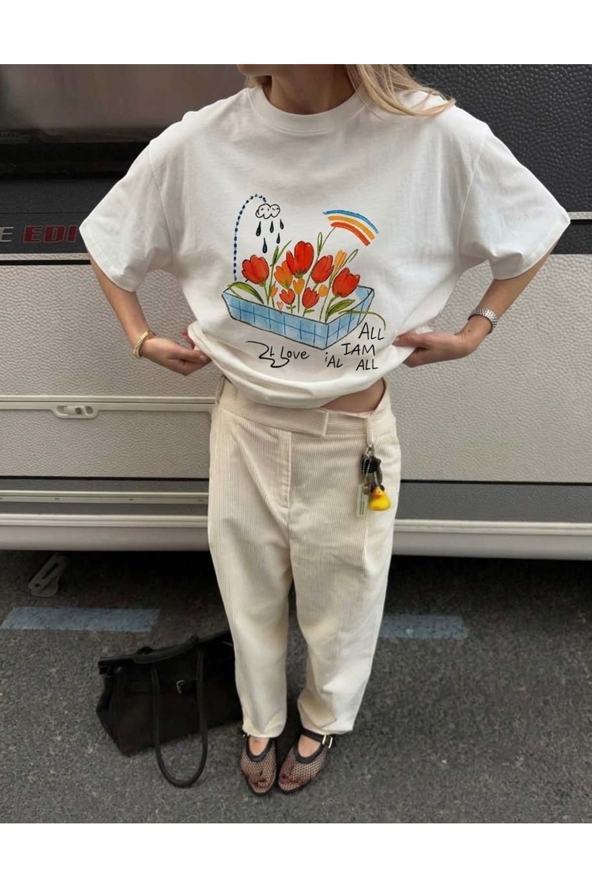 Disante  All Is Love Baskılı Bisiklet Yaka Oversize Trend Kadın T-shirt