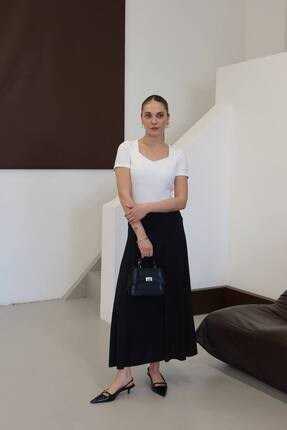 Olbia Kadın siyah yüksek bel dökümşü midi etek