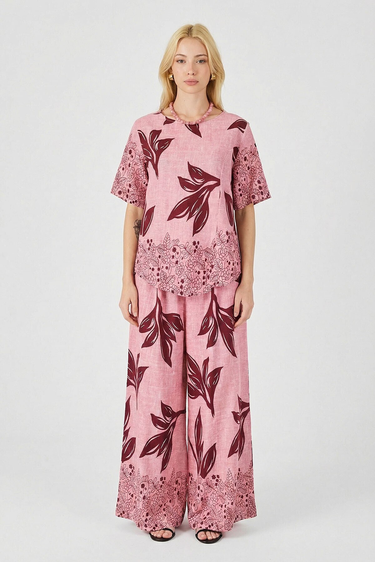 Damson-Flower Leaf Patterned Oversize Blouse and Wide Leg Pants Set