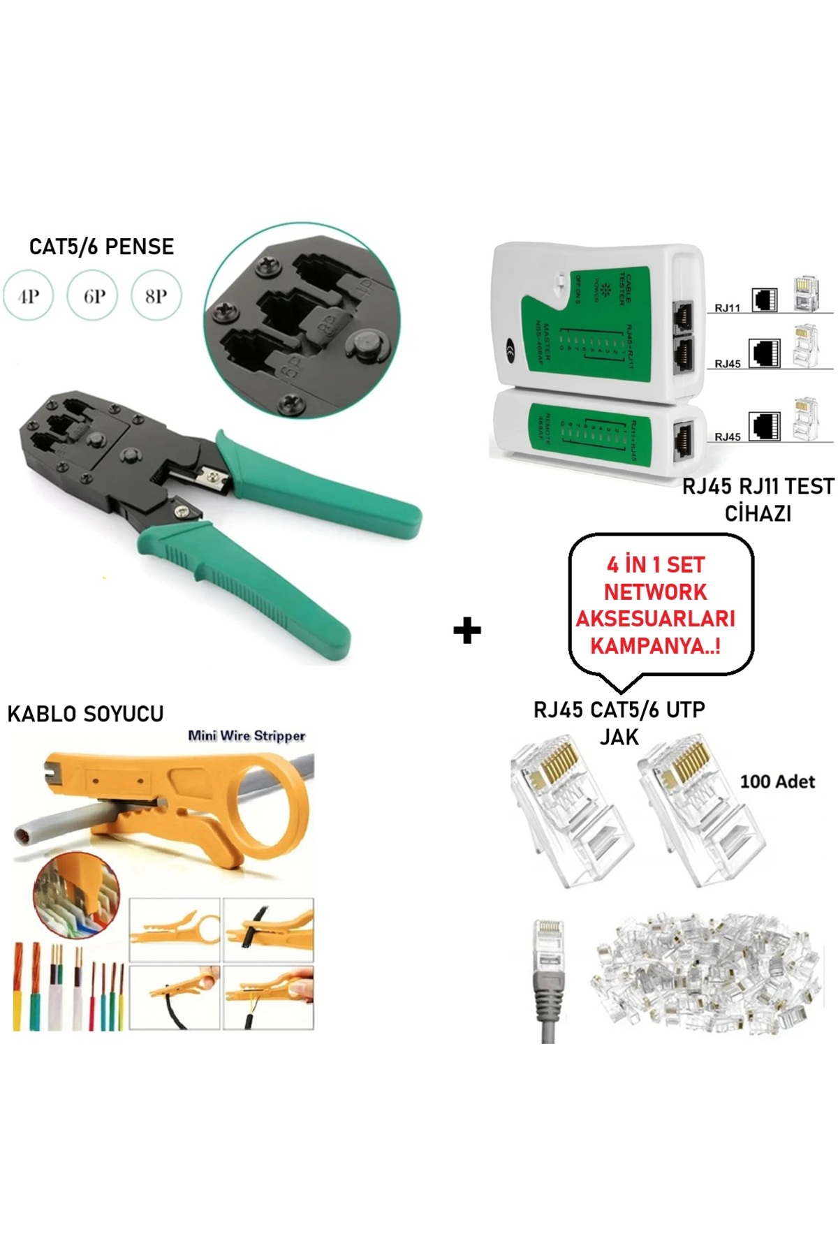 4'Lü Set Rj45 Cat5/6 Jak Pensesi + Rj45/Rj11 Test Cihazı + 100 Adet Cat5/6 Jak + Kablo Soyucu Seti
