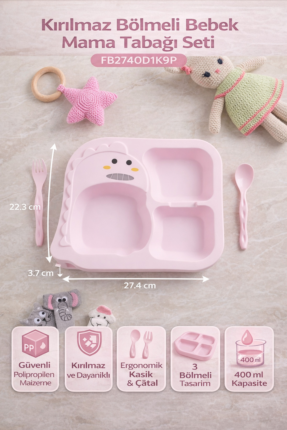 tinibud Bebek Bölmeli Mama Tabağı Kaşık Çatal Seti PP Kırılmaz 400 ml Dayanıklı 22.3x27.4x3.7 cm fotoğrafı 4 (önizleme)