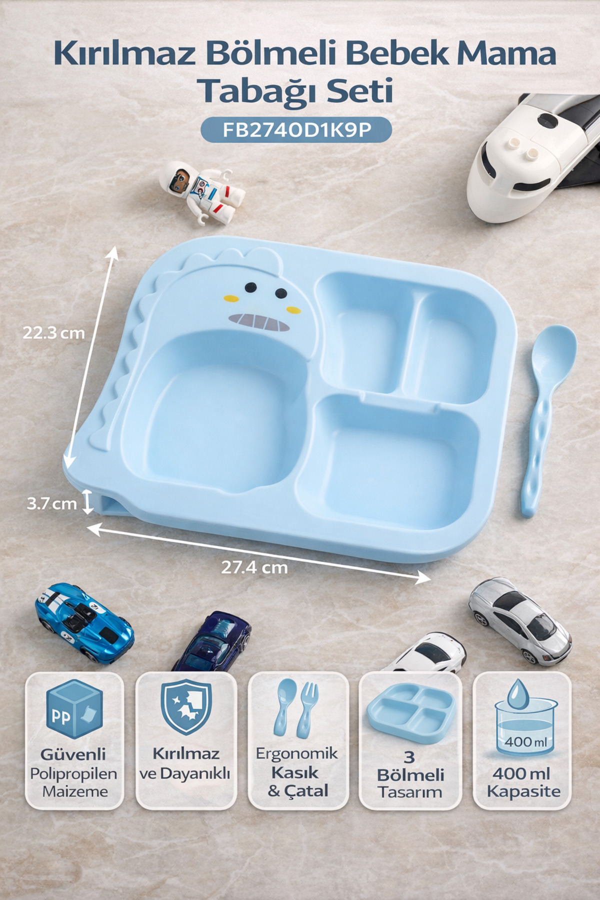 tinibud Bebek Bölmeli Mama Tabağı Kaşık Çatal Seti PP Kırılmaz 400 ml Dayanıklı 22.3x27.4x3.7 cm fotoğrafı 3 (önizleme)