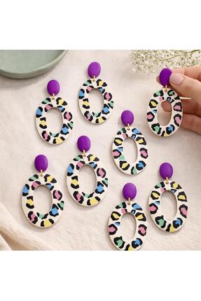 EPAksesuar Halka küpe renkli leopar desenli polimer kil el yapımı