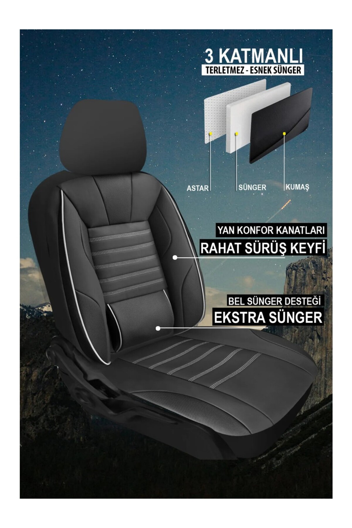 Tegin Üniversal Sarp Serisi Oto Koltuk Kılıfı 5’li Set – Airbag & Kolçak Uyumlu, 3 Katman, Deri+Lakost Siyah Beyaz — alternatif görsel