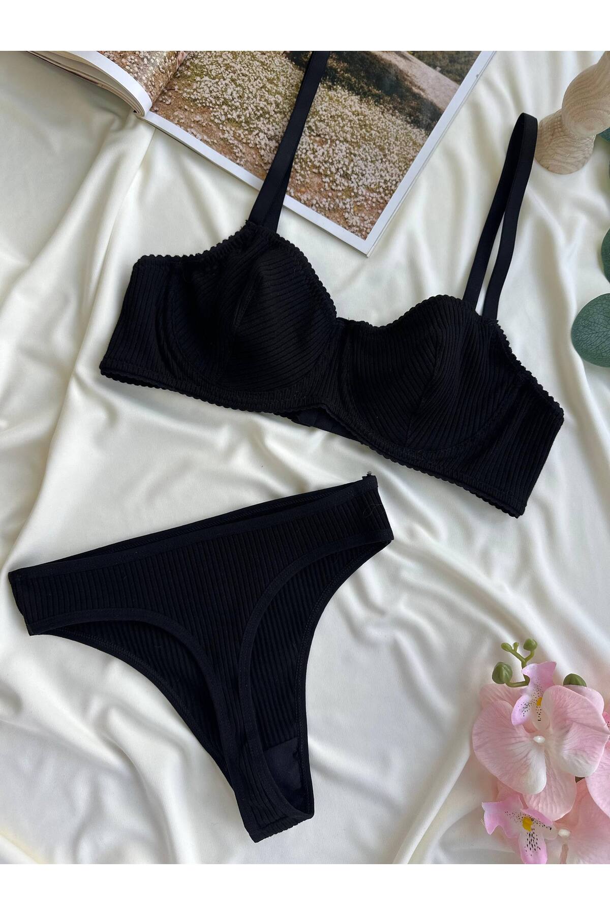 Cotton Uncoated Underwired Black Bra & Thong Set – Breathable Casual Underwear Set
