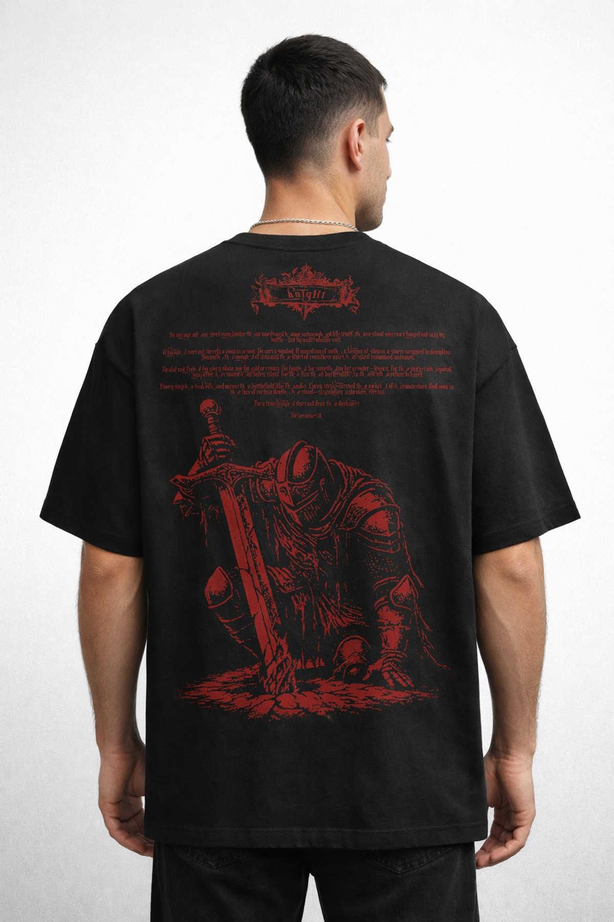YOLO STREET Oversize Siyah Tişört Kırmızı Şövalye Baskılı %100 Pamuk Unisex Streetwear görsel 2