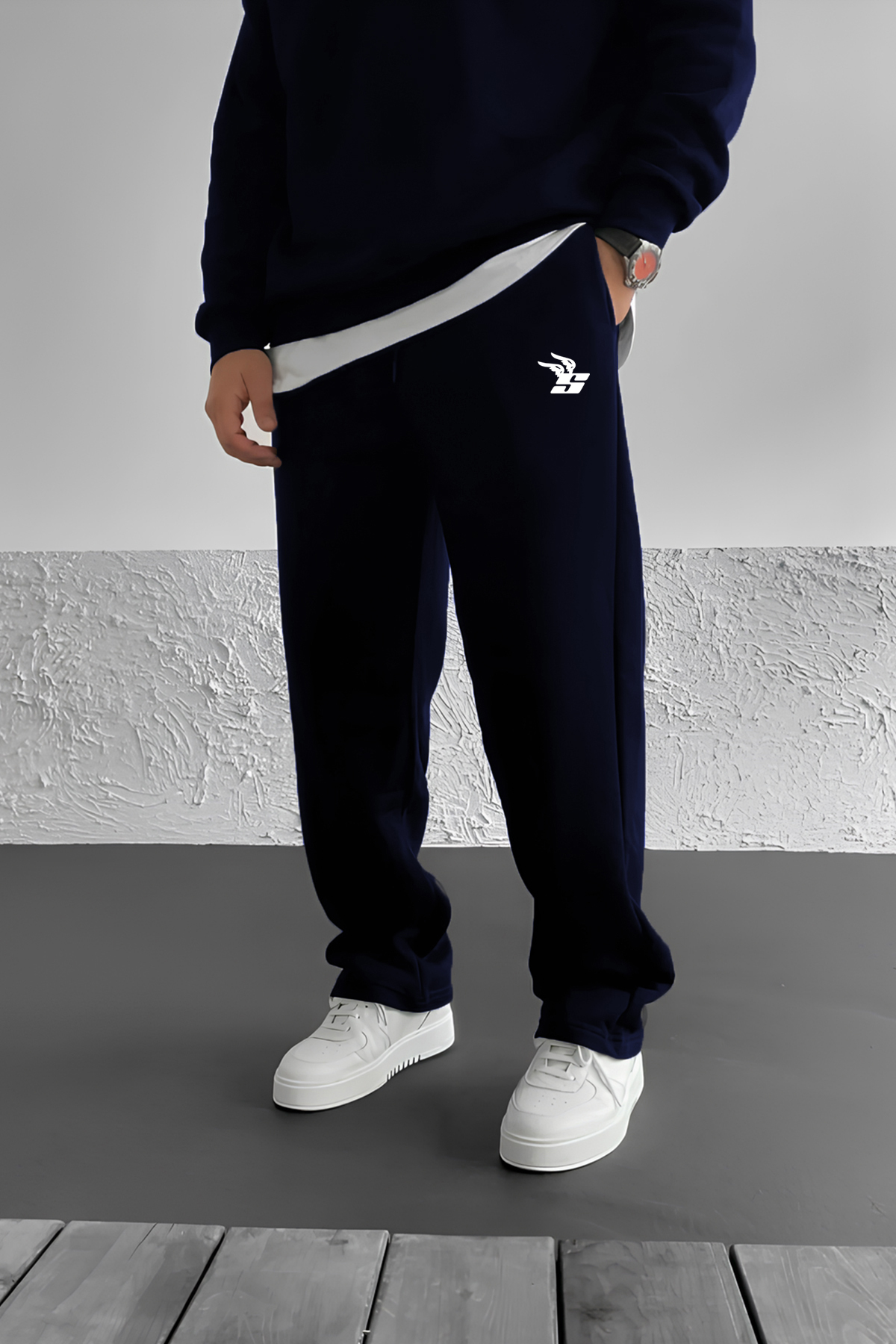 Stüssy Wing Baskılı Baggy Lacivert Yazlık 3 İplik Bol Kesim Düz Paça Mevsimlik Eşofman Altı RF0619
