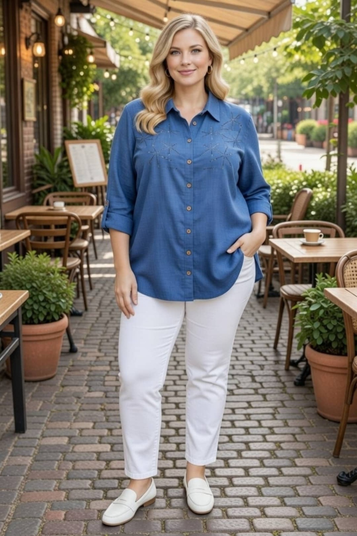 tarzımsüper  Büyük Beden Oversize Premium Taş Baskılı Keten Kadın Gömlek - Rahat Kesim - Görsel 3