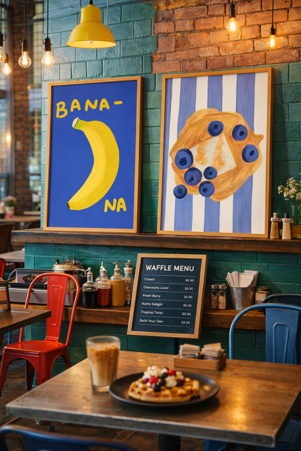 2’li Mutfak Tablo Seti Waffle ve Muz Poster Modern Duvar Dekoru Çerçevesiz