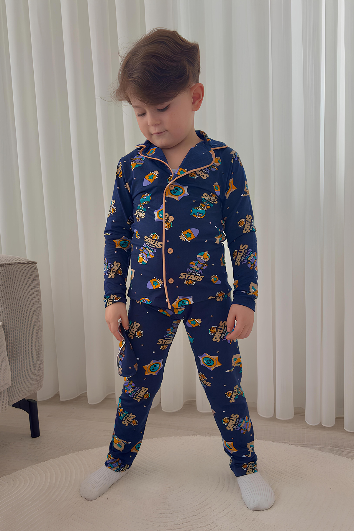 Belya Kids Wear Erkek Çocuk Pamuklu Süet Kumaş 1 Gömlek Yaka Uyku Bantlı Düğmeli Uzun Kollu Pijama Takımı fotoğrafı 2 (önizleme)