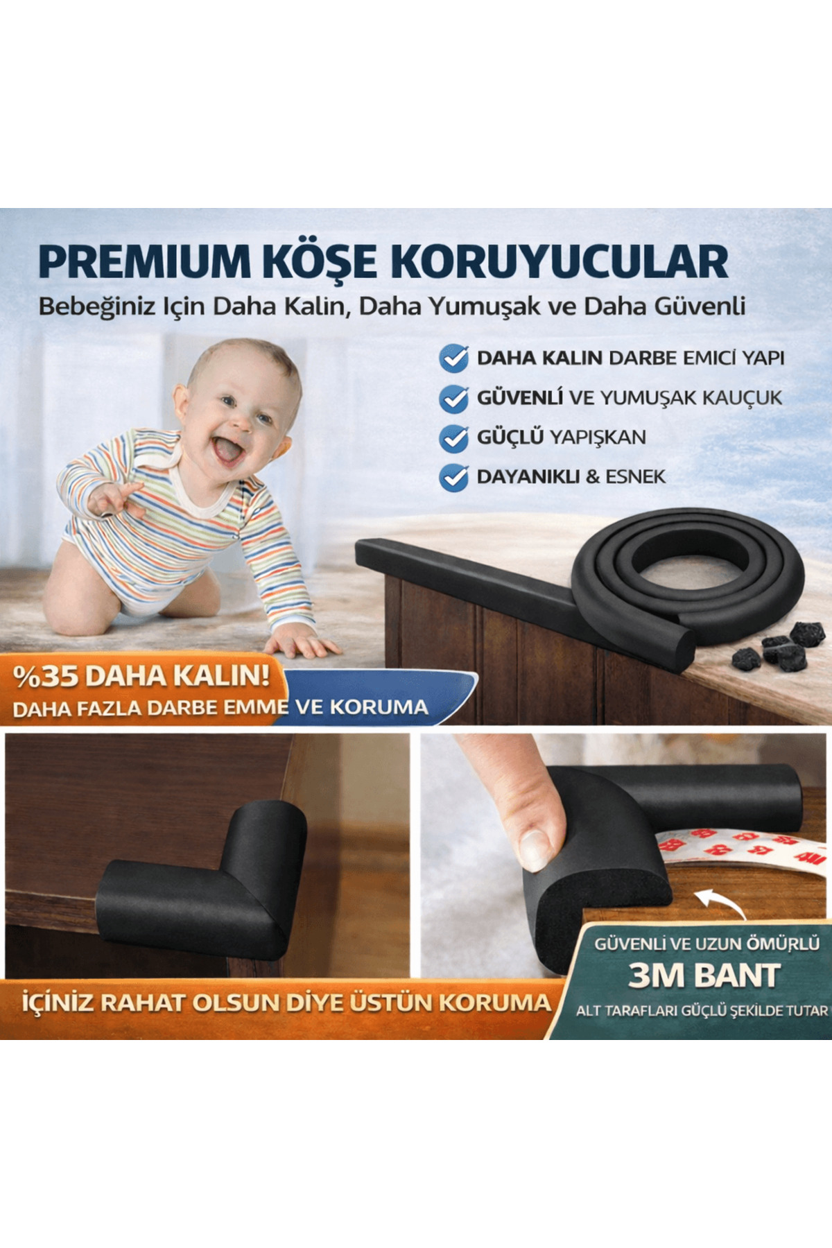 Evokids Ekstra Kalın Kenar Koruyucu Seti 6 Metre + 4 Adet Köşe Koruyucu | Bebek Çocuk Güvenlik Seti fotoğrafı 4 (önizleme)