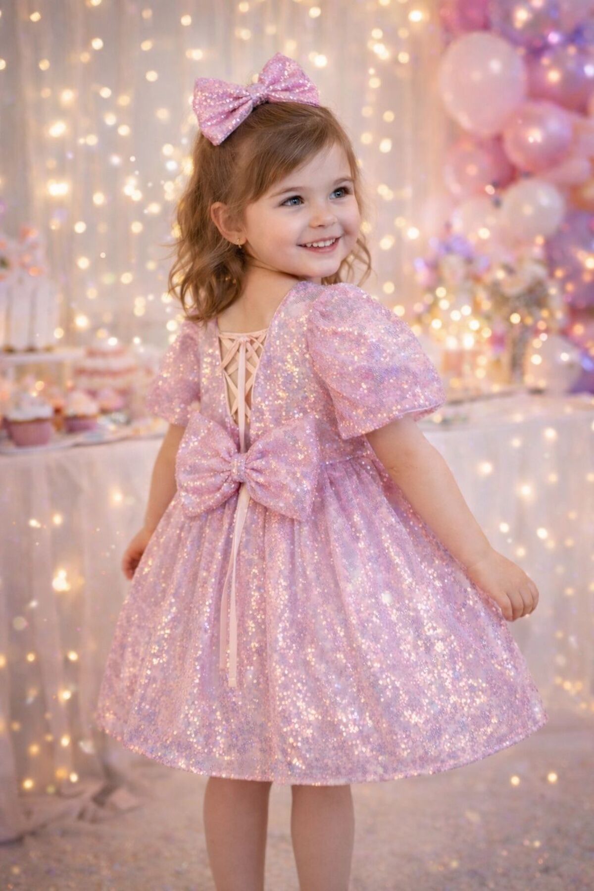 Cumino Eira Kids Lila Pullu Işıltılı Fiyonk Detaylı Prenses Kız Çocuk Elbise