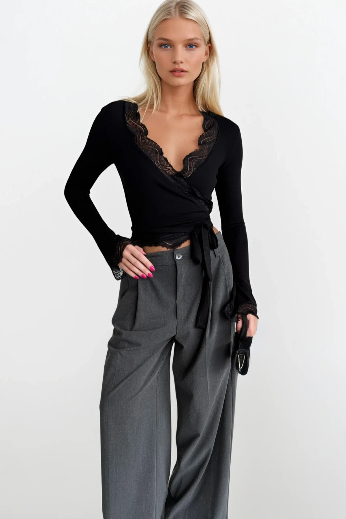 Black Fashion  Kruvaze Bağlamalı Dantelli Siyah Bluz - Görsel 2