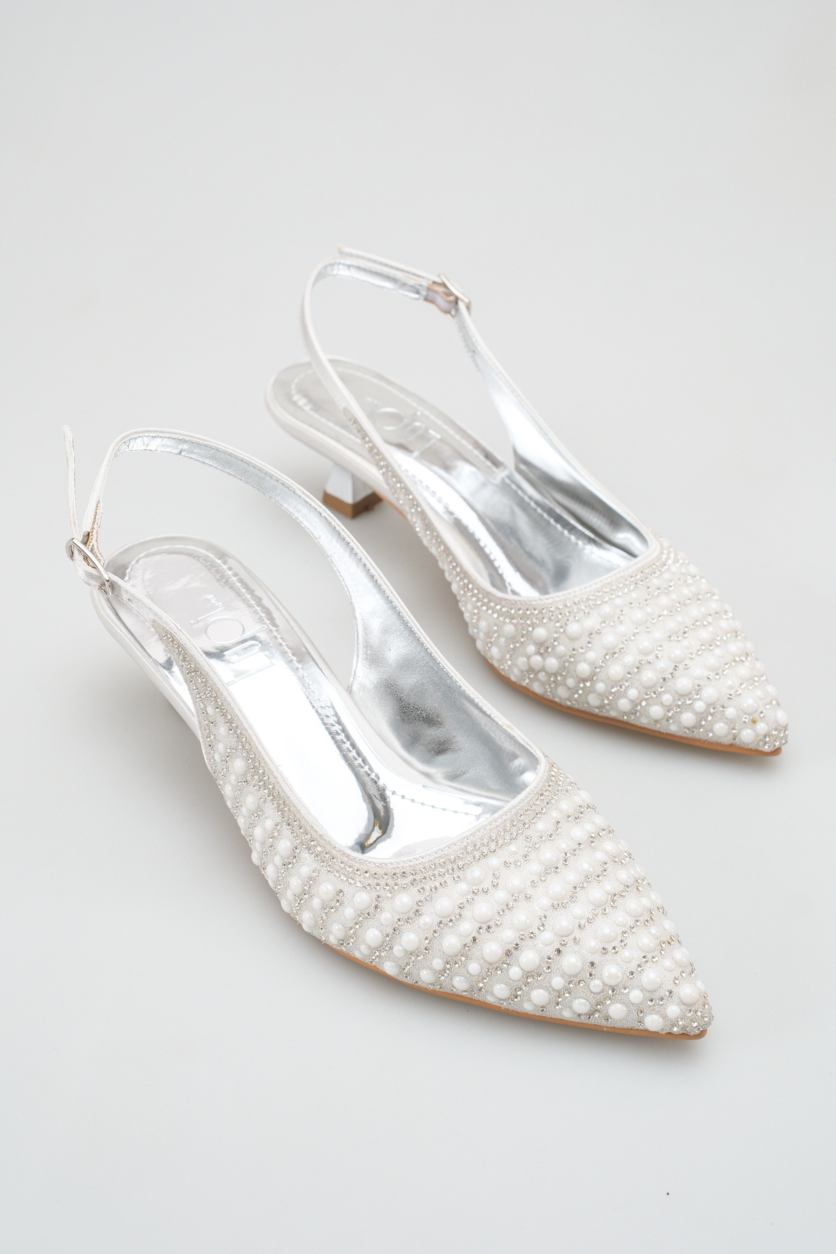 Women's Pointed Toe Pearl Detailed Elegant Champagne Heel Open Back Bridal Wedding Shoes 4CM