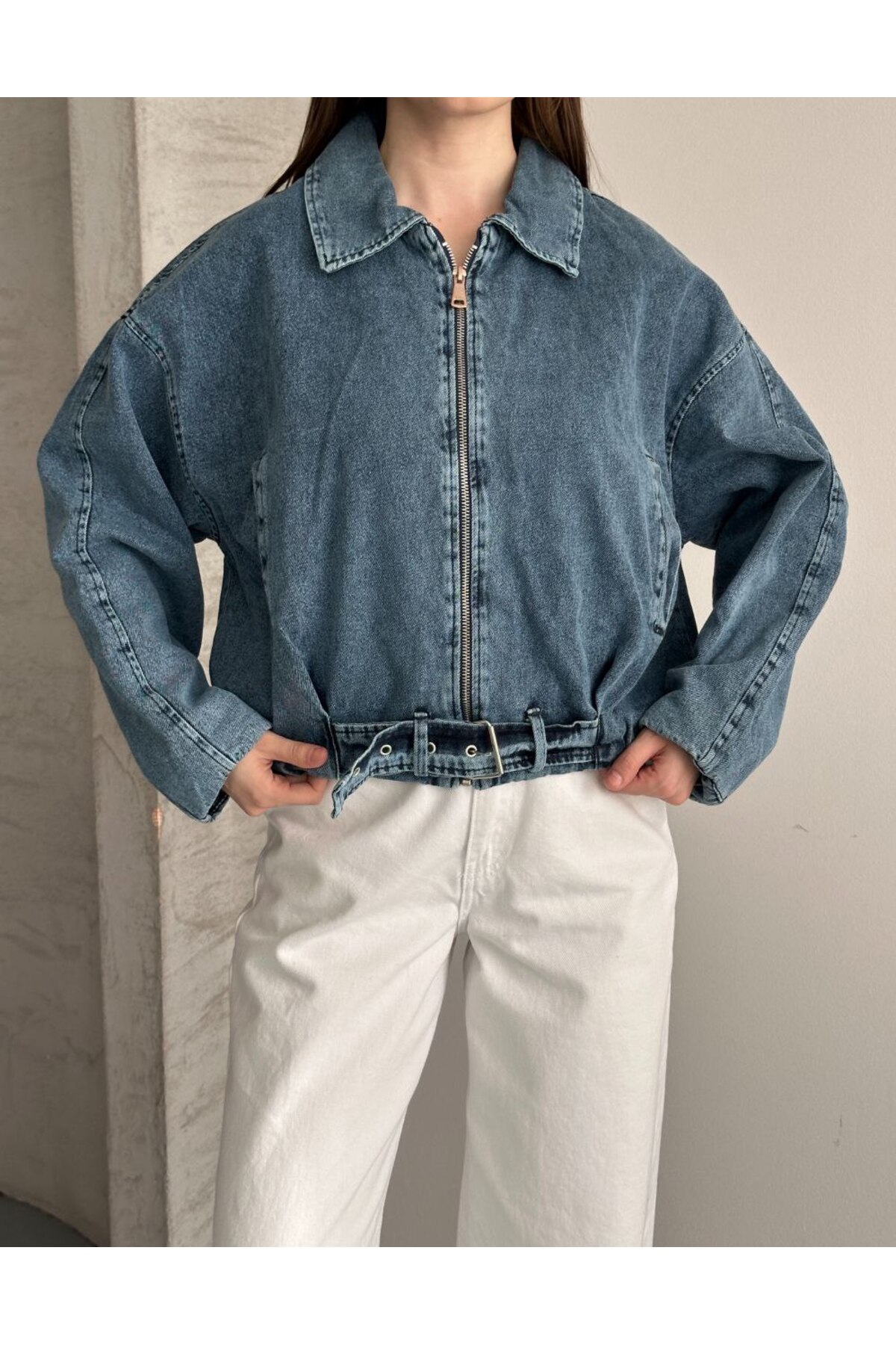 moda çağdaş Premium Mavi Kot Ceket Oversize-Trend Sokak Modası görsel 2