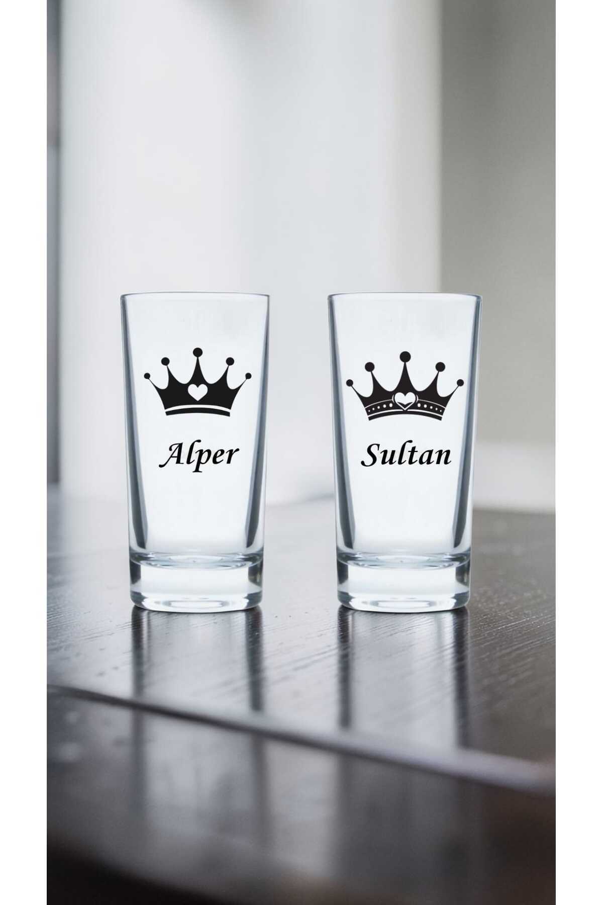 Kişiye Özel Baskı Hediyelik Kalpli Kral Kraliçe Tasarım İsim Yazılabilen 230 Ml Rakı Bardağı 2 Adet
