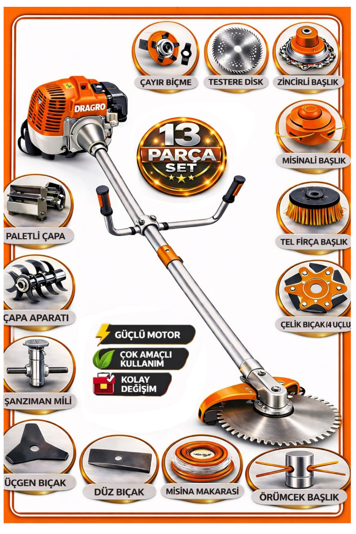 Dragro German DRG-13 + Yan Tipi Benzinli Ot Çalı Çim Biçme Tırpanı