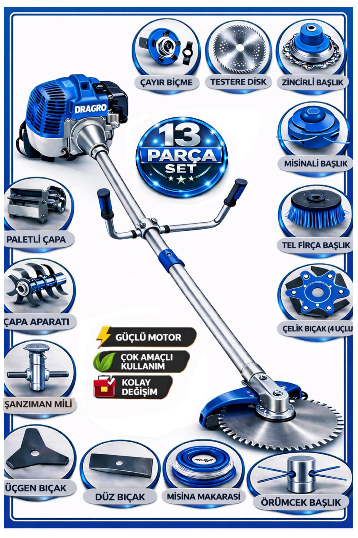 Dragro German DRG-13 + Yan Tipi Benzinli Ot Çalı Çim Biçme Tırpanı