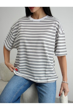 Olbia Kadın Çizgili Oversize Basic Tişört – Beyaz