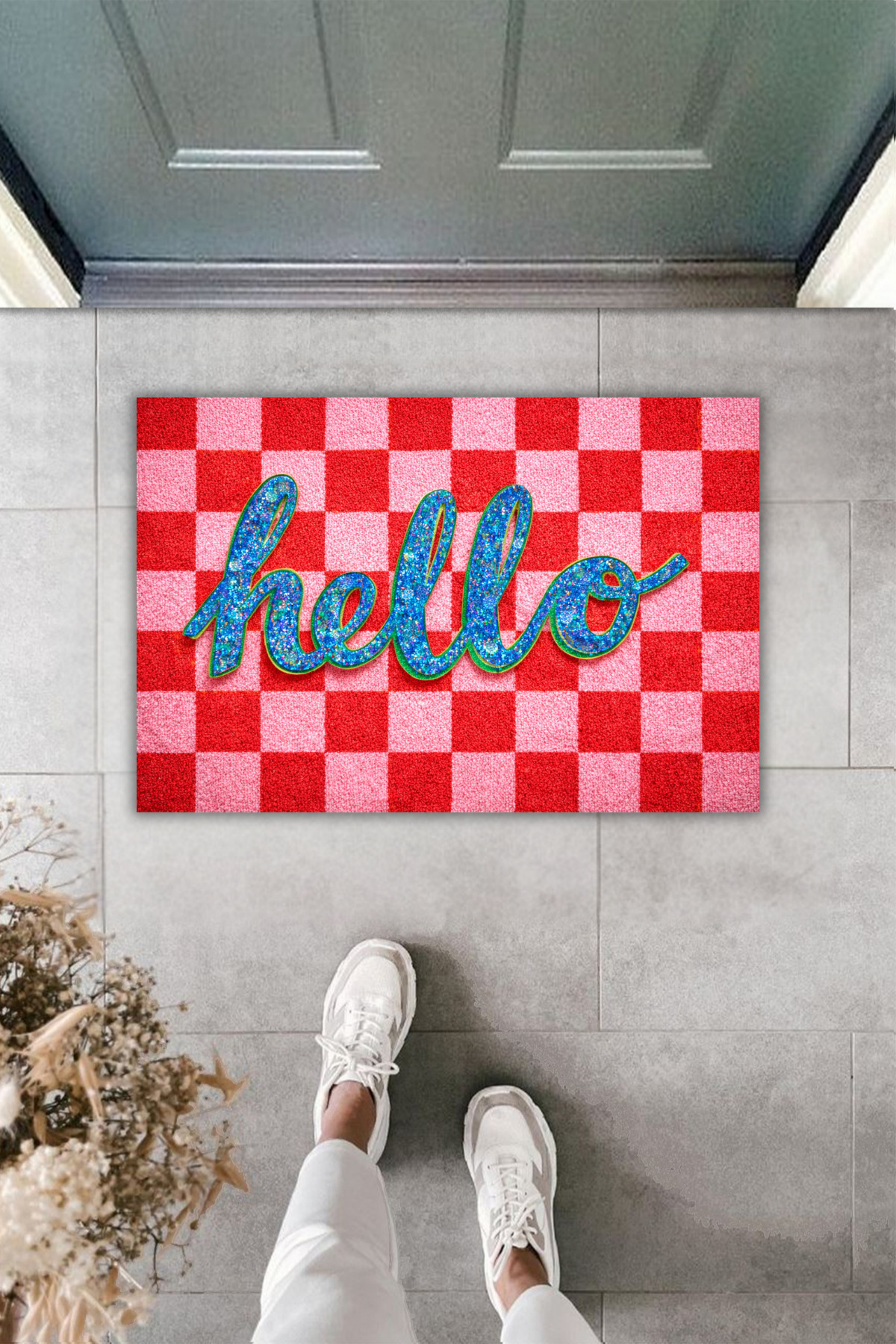 Modern Digital Printing Mat - Stylish Door Mat with Hello Printed Red Checkered